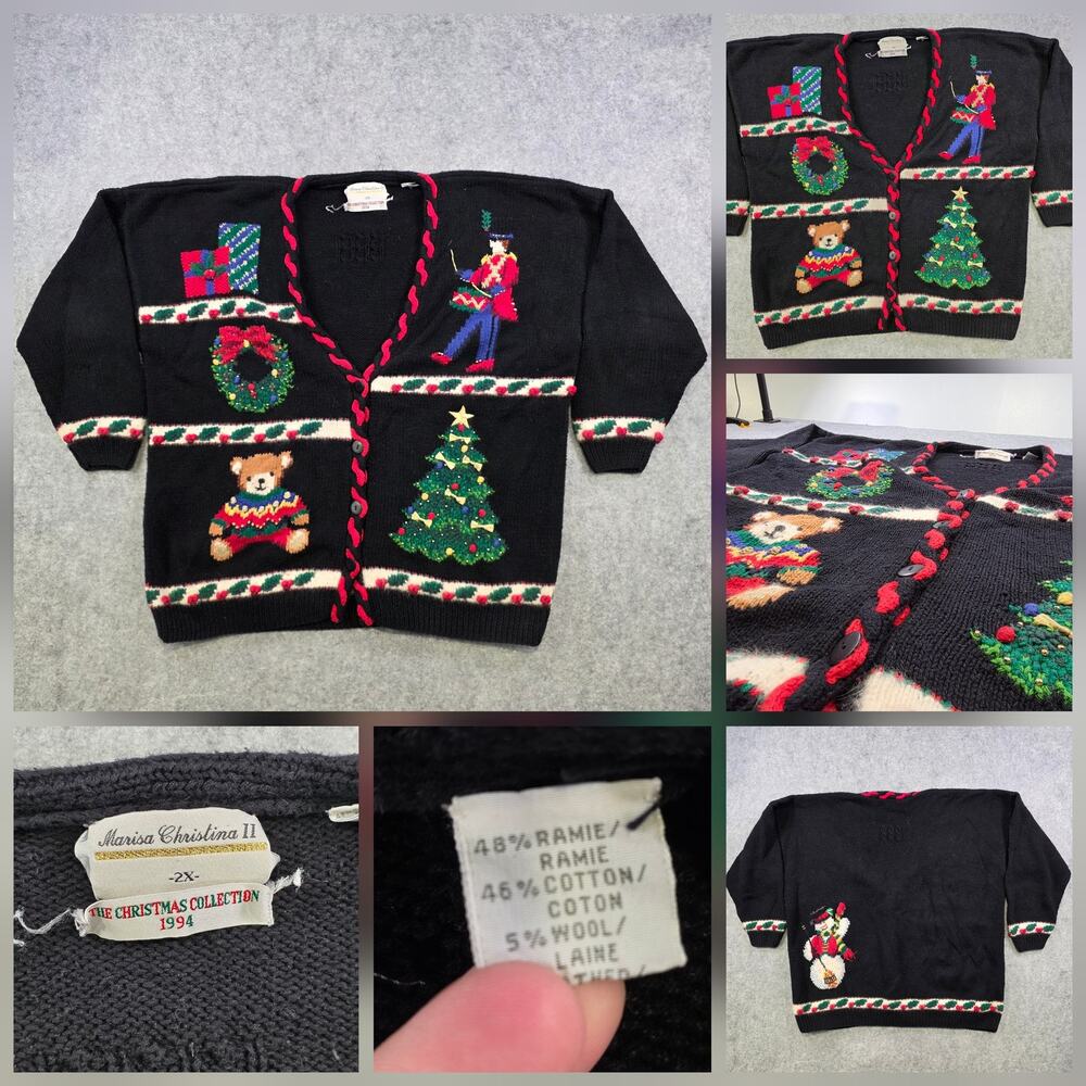Vintage Marisa Christina Sweater Womens 2X Christmas Cardigan Ugly‎ Beaded 90s